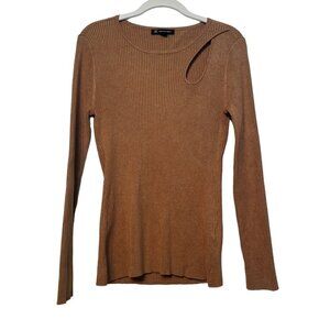 Round Neck Ribbed Knit Single Shoulder Cut Out Top Light Brown Neutral Size M